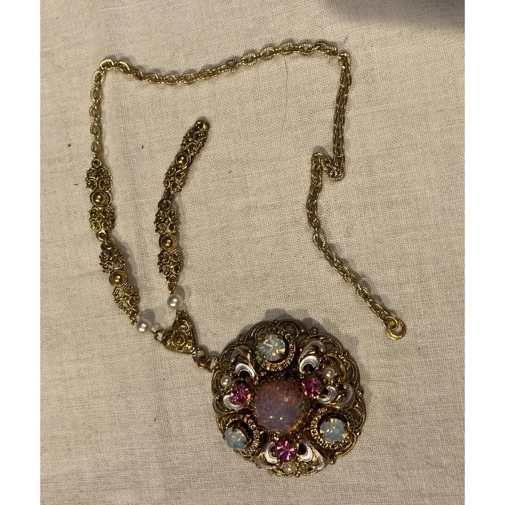 Vintage West Germany Glassfoiled Opal Necklace Moonstone‎ Rhinestones Filigree
